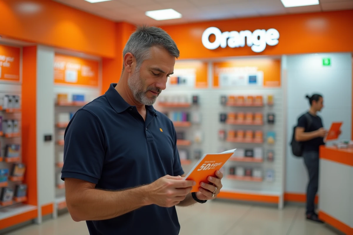 Homme en boutique Orange examinant les forfaits et prix des cartes SIM prépayées et abonnements