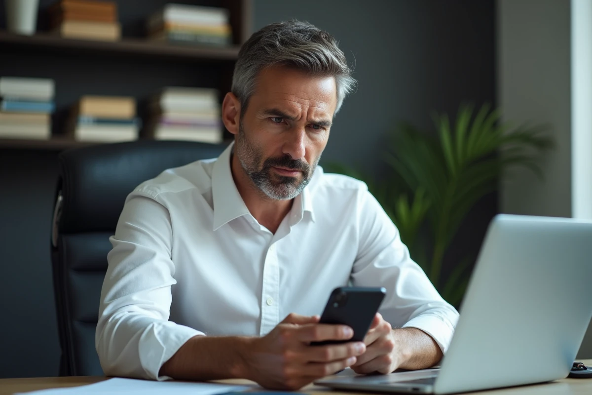 Homme en télétravail regardant un appel manqué d'un numéro inconnu avec indicatif +34 sur son smartphone