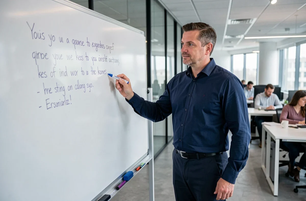 Homme en entreprise pointant un dicton sur la confiance écrit sur un tableau blanc