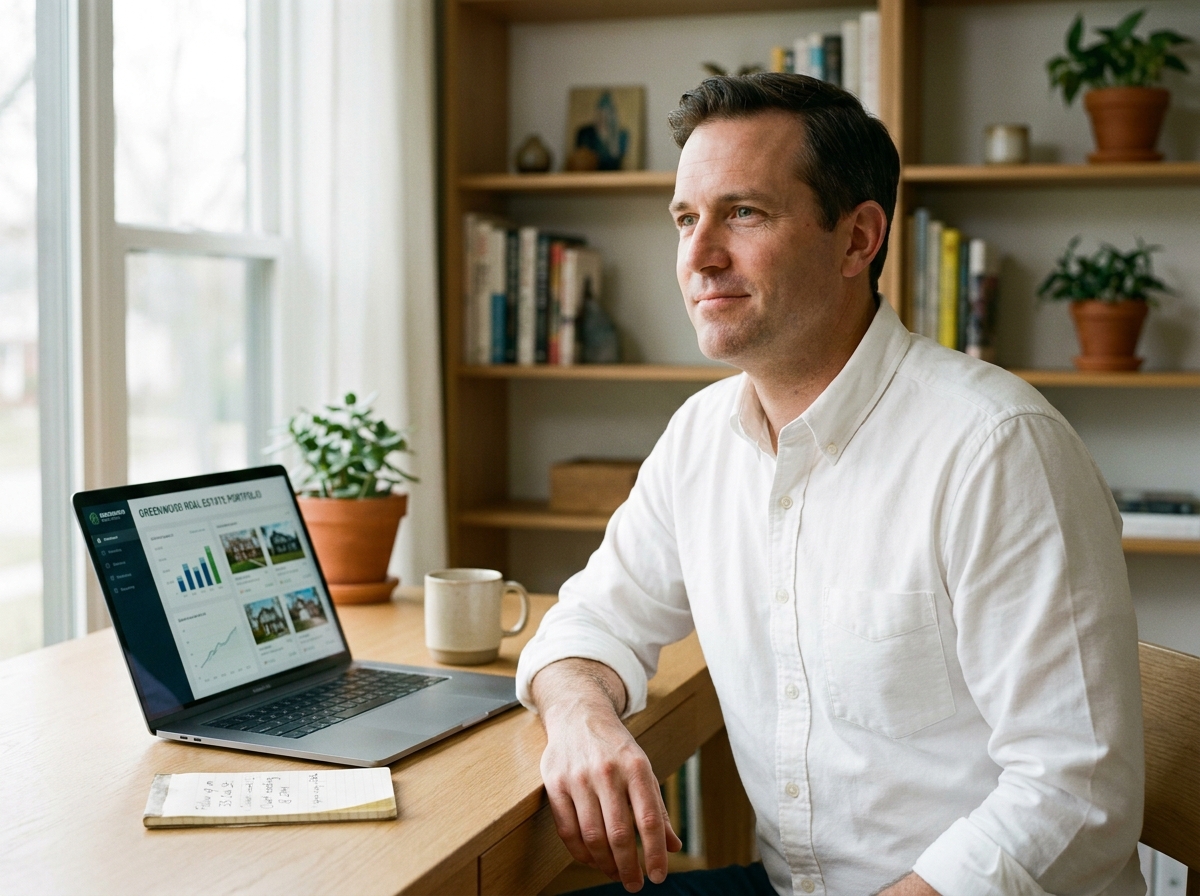 Homme d'affaires concentré travaillant sur un tableau de bord de portefeuille immobilier depuis son bureau à domicile