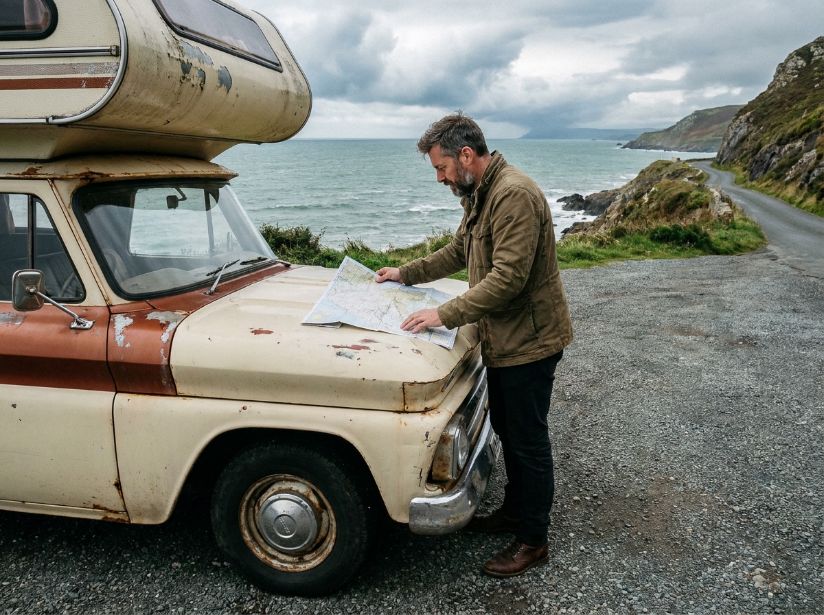 Homme consultant une carte routière sur le capot d'un camping-car vintage garé au bord d'une côte rocheuse en automne
