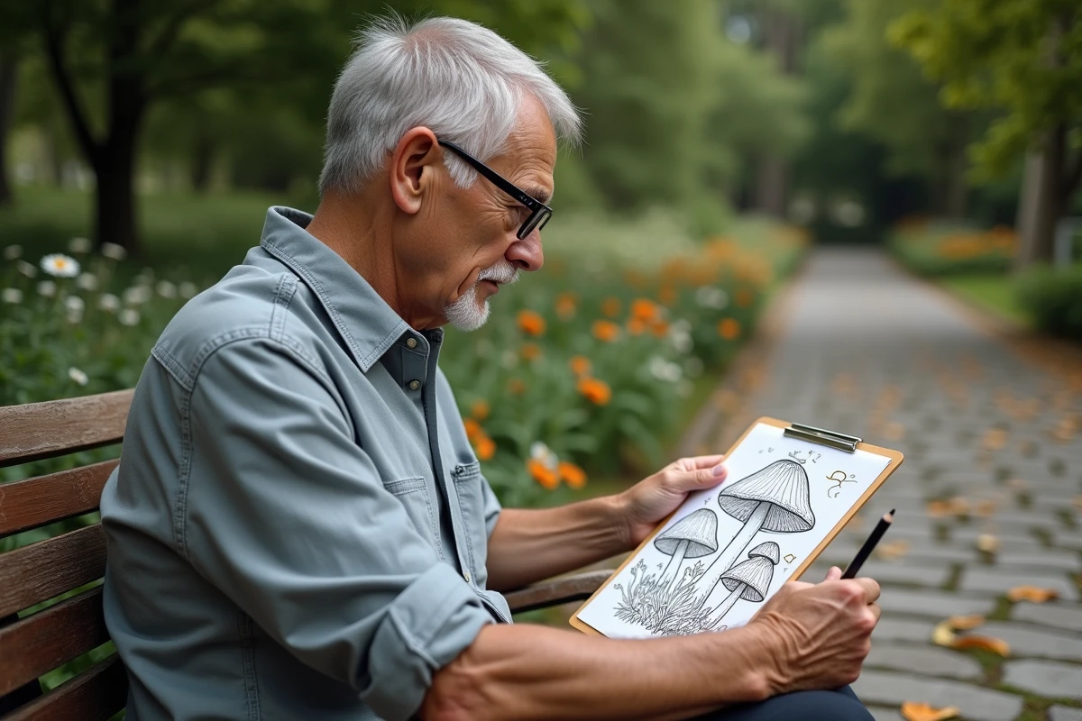 Homme âgé coloriant un dessin de champignon dans un jardin paisible