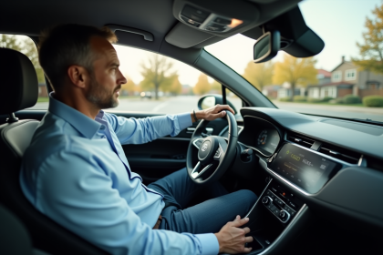 Homme au volant d'une voiture moderne en banlieue