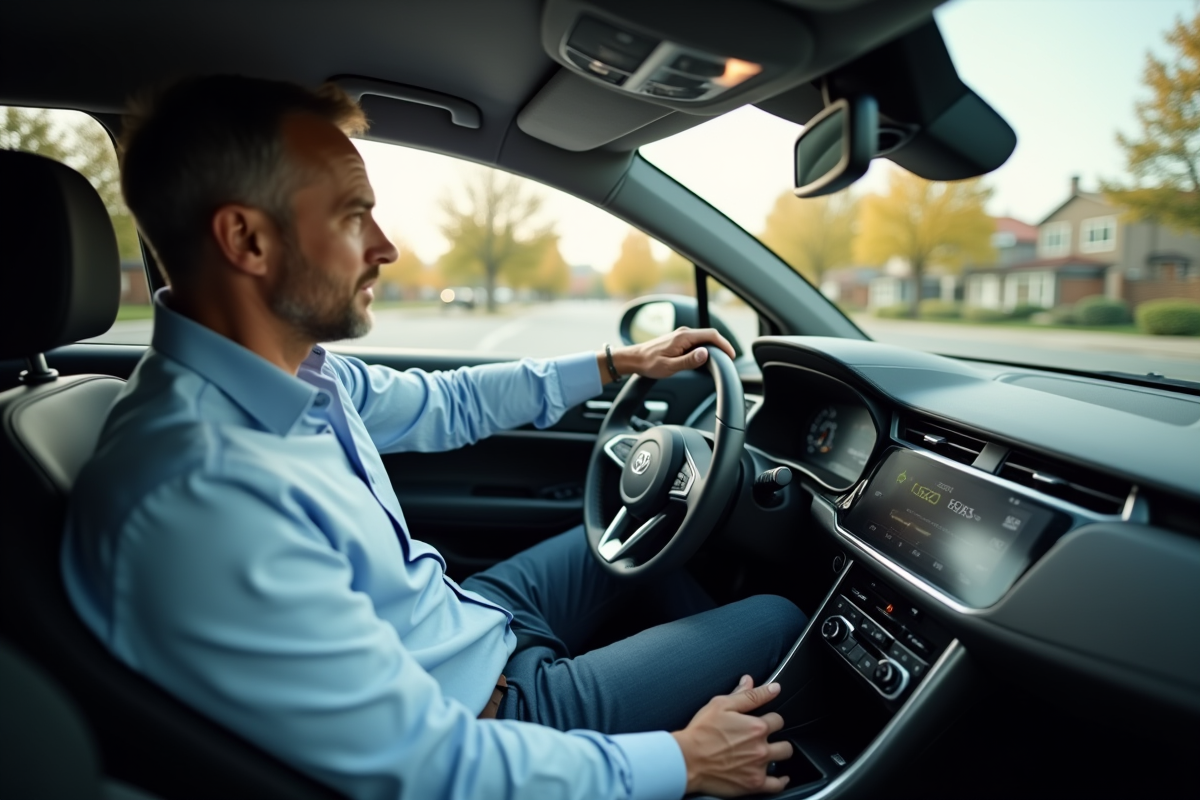 Homme au volant d'une voiture moderne en banlieue