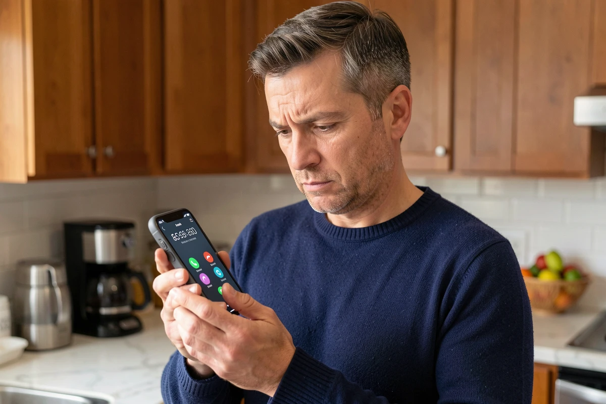 Homme dans une cuisine à domicile regardant avec méfiance un numéro de téléphone inconnu avec indicatif sur son smartphone