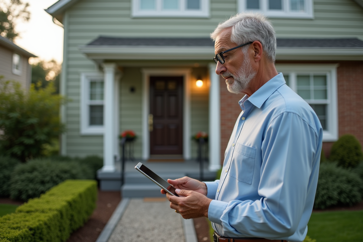Homme âgé examinant la façade de sa maison avec une tablette