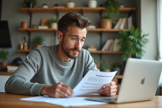 Homme d'affaires regardant des documents financiers dans un appartement lumineux