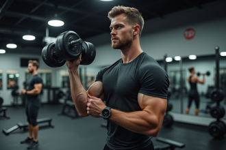 Jeune homme musclé faisant un curl marteau en salle de sport