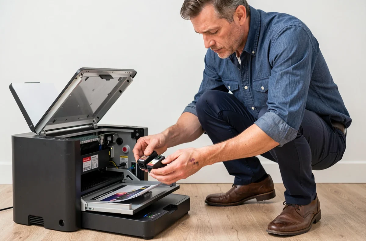 Homme inspectant les cartouches d'encre d'une imprimante ouverte pour diagnostiquer un problème d'impression