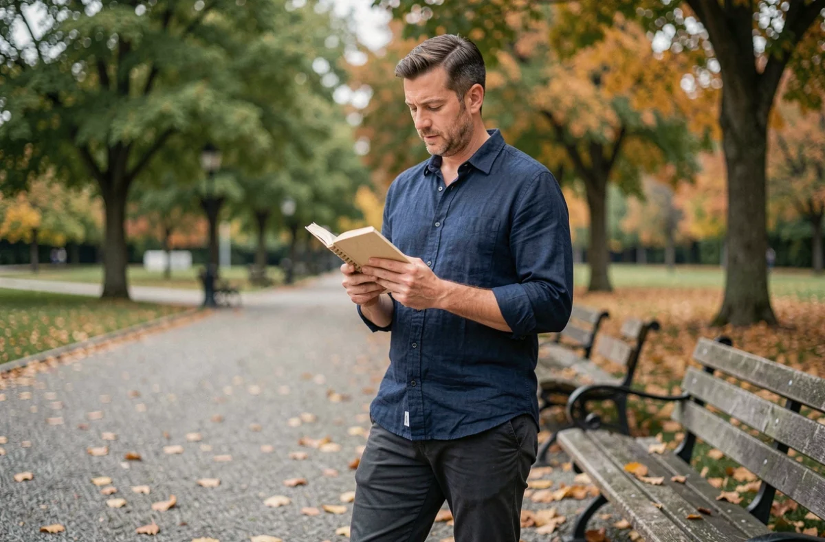 Homme lisant une citation positive dans un carnet en plein air dans un parc en automne