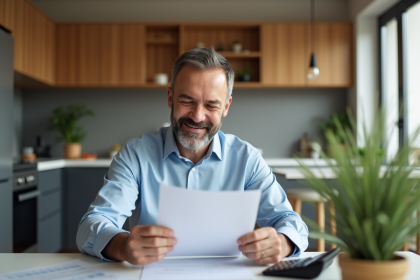 Homme d'âge moyen lisant des documents de prêt immobilier