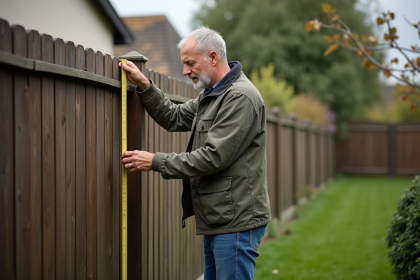 Homme mesurant une clôture de jardin avec un mètre dans un jardin français