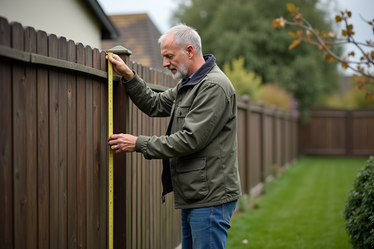 Homme mesurant une clôture de jardin avec un mètre dans un jardin français