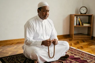 Homme musulman en tenue traditionnelle récitant des prières sur un tapis de prière à son domicile à Orléans