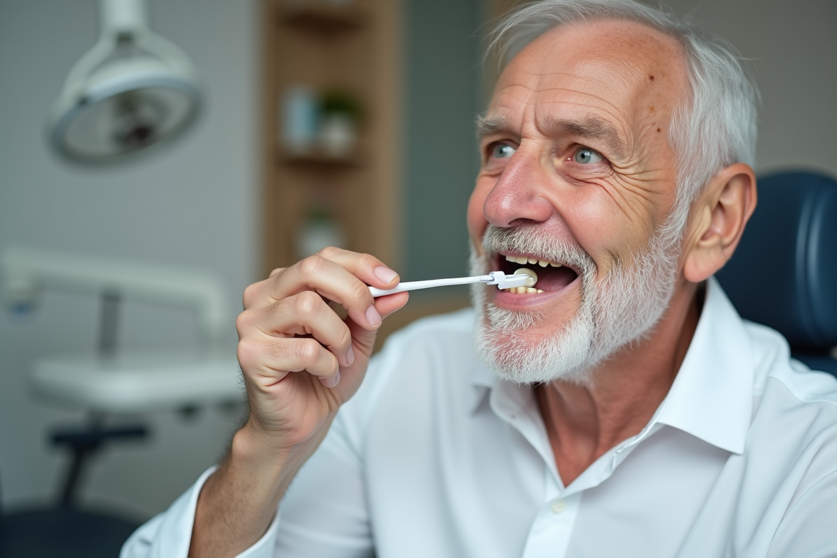 Homme utilisant une brosse interdentaire pour un pont dentaire en cabinet