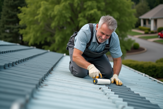 Homme peignant un toit en métal résidentiel avec rouleau