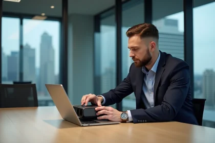 Homme d'affaires ajustant un projecteur en réunion