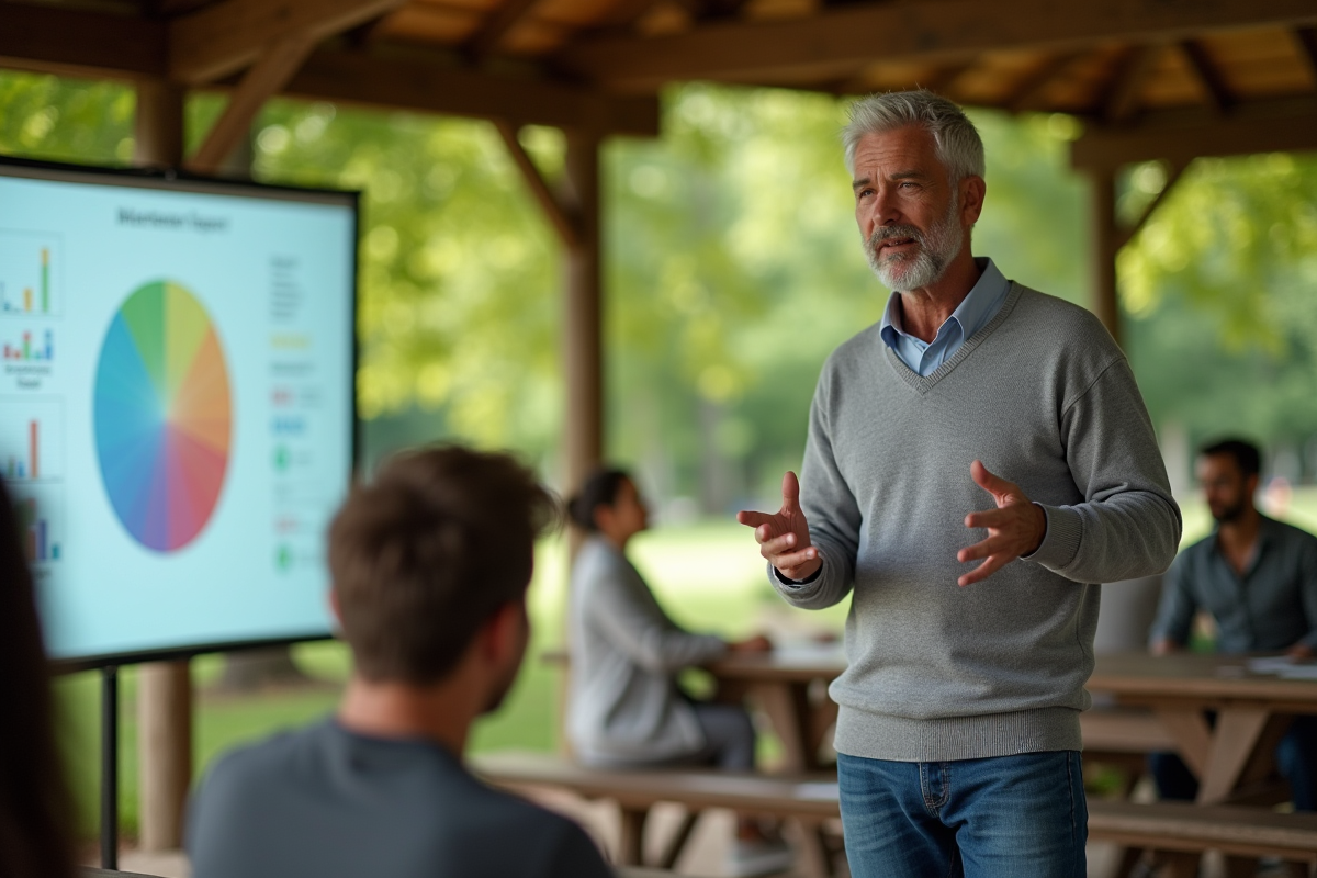 Homme donnant une présentation en extérieur dans un parc