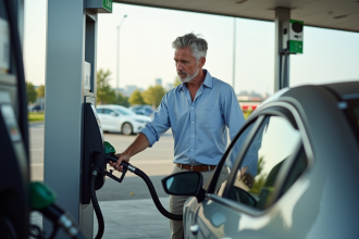 Homme d'âge moyen faisant le plein d'une voiture hybride moderne