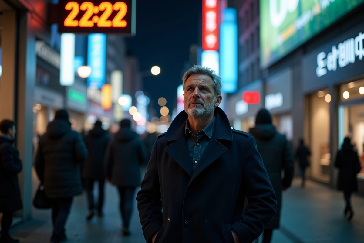 Homme dans la rue la nuit sous un panneau lumineux