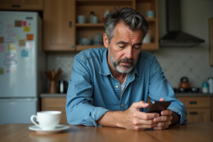 Homme d'âge moyen regardant son smartphone dans la cuisine