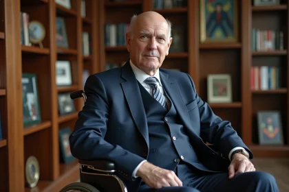 Homme d'âge moyen en costume assis dans un fauteuil roulant