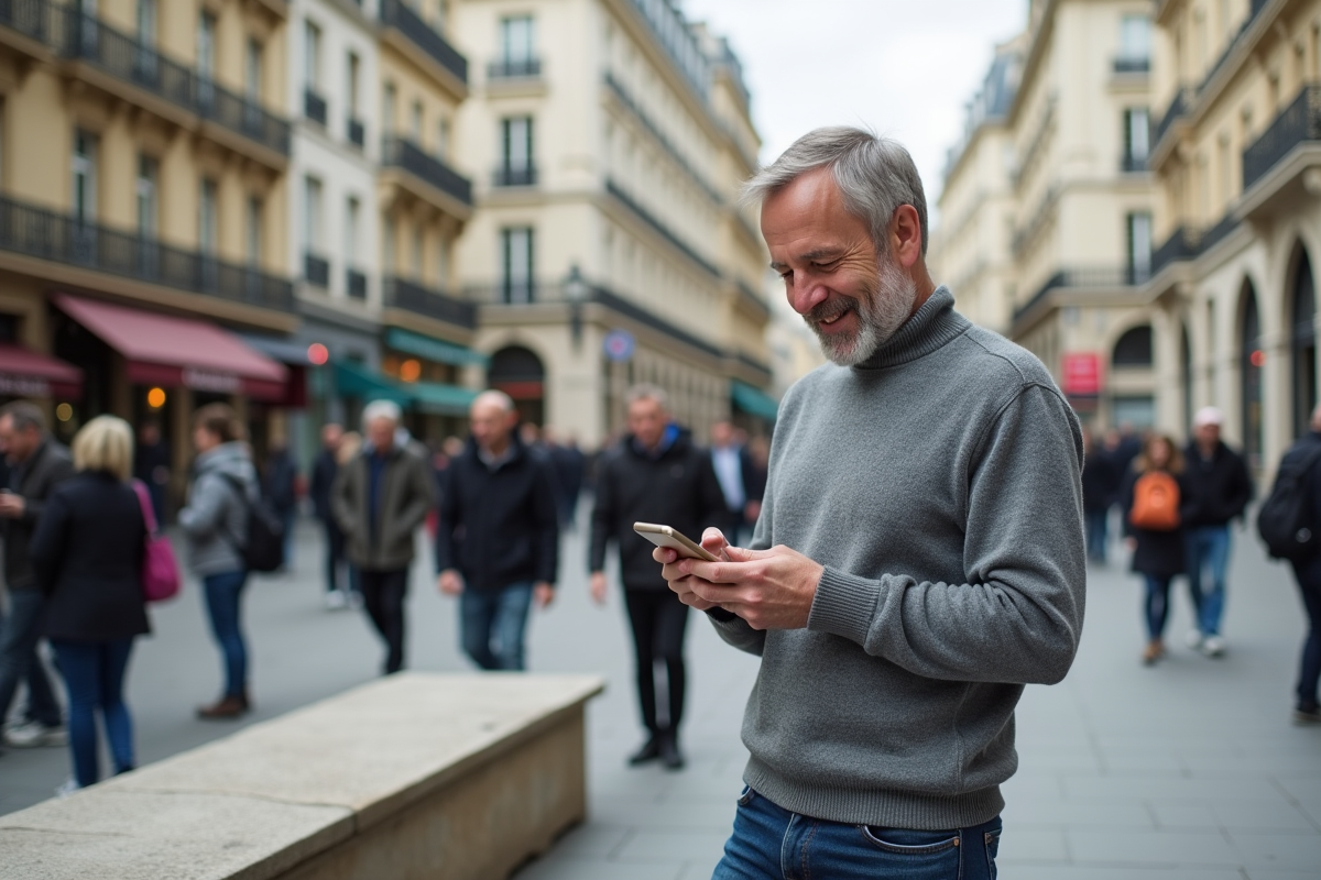 Homme utilisant une application bancaire dans une place parisienne