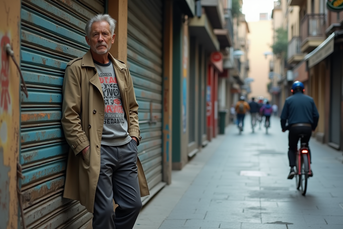 Homme en trench et baskets dans une ruelle animée