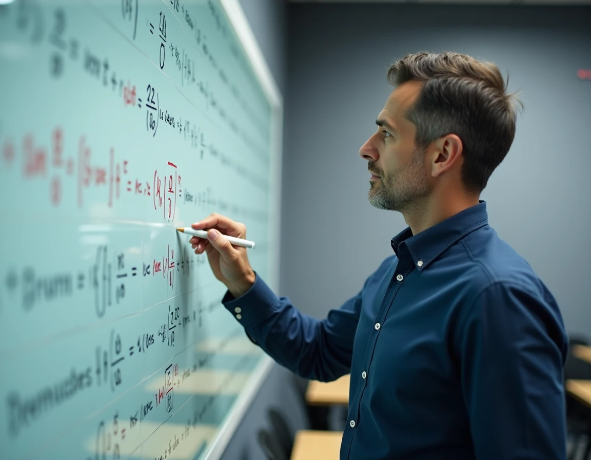 Homme expliquant une formule de conversion mentale entre pourcentage et degrés devant un tableau blanc dans une salle de formation