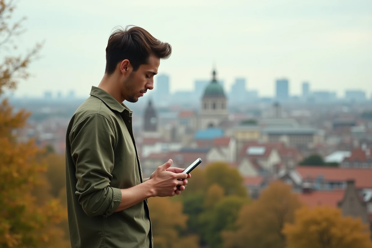 Homme regardant la ville en utilisant son smartphone en extérieur
