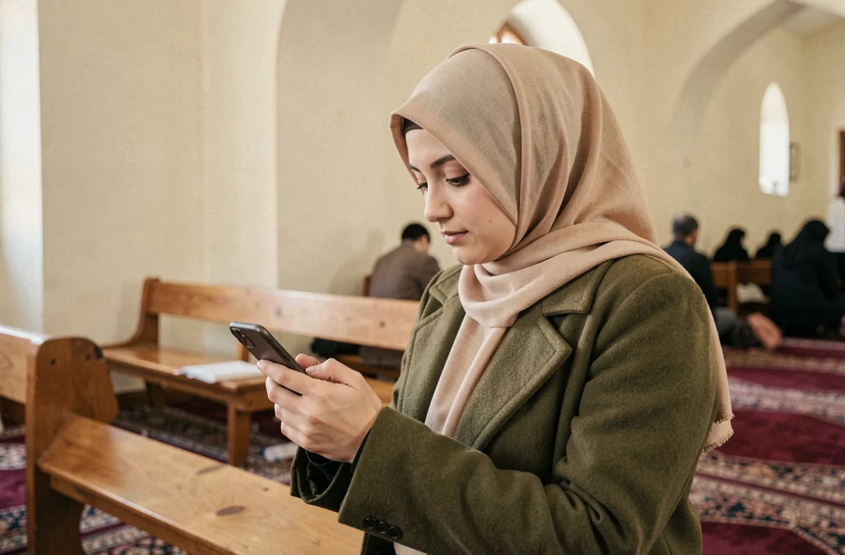 Jeune femme musulmane consultant les horaires de prière sur son téléphone à l'intérieur d'une mosquée d'Aulnay-sous-Bois
