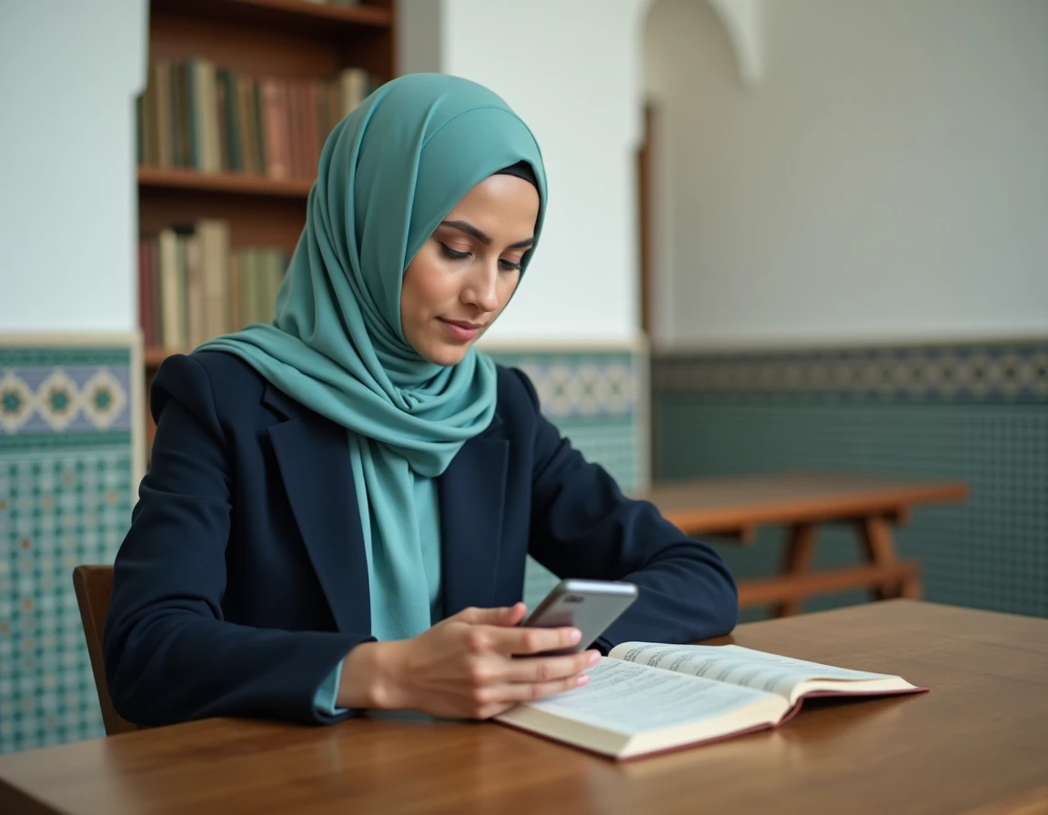 Femme consultant les horaires de prière sur smartphone dans une salle d'une mosquée de Toulouse