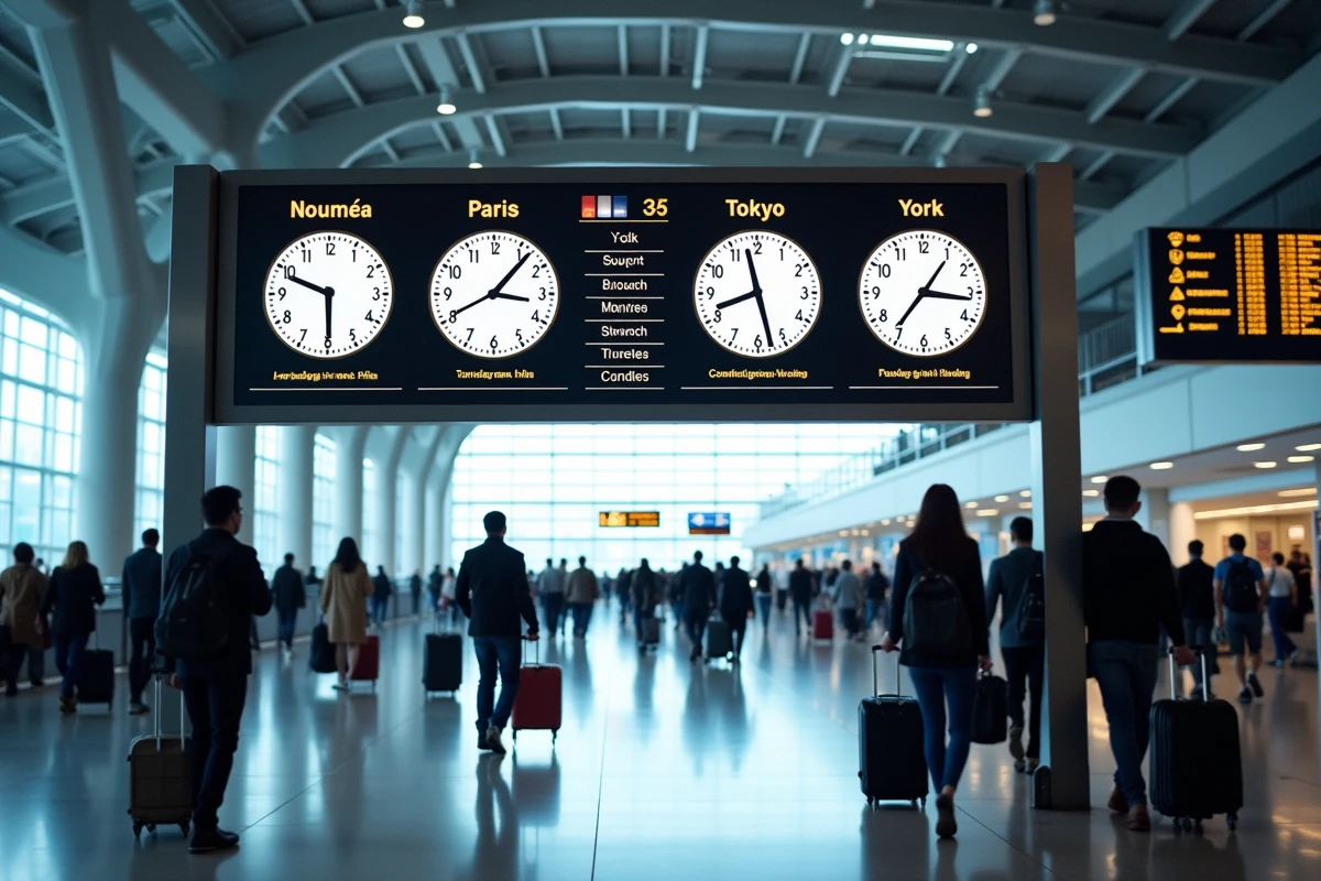 Tableau d'horloges mondiales dans un aéroport international affichant l'heure de Nouméa en Nouvelle-Calédonie