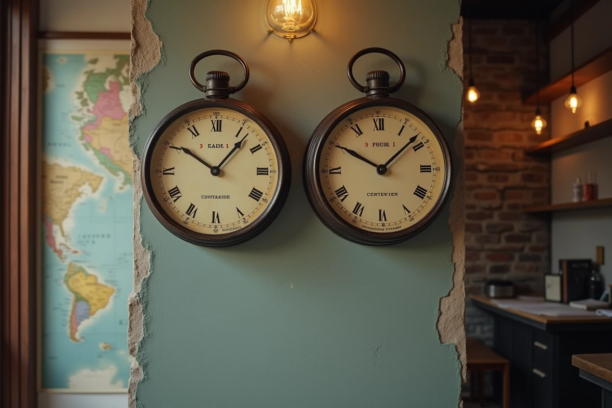 Deux horloges murales comparant l'heure de Paris et l'heure de Cayenne en Guyane française