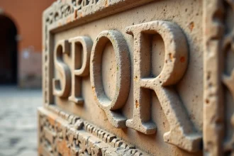 Inscription SPQR gravée dans la pierre de marbre travertin antique avec des lettres en capitales classiques