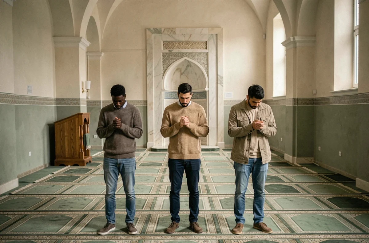 Fidèles en prière alignés dans une mosquée à Orléans avec tapis de prière et mihrab