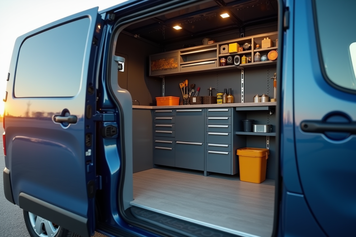Intérieur du Peugeot Expert avec rangement et outils bien organisés