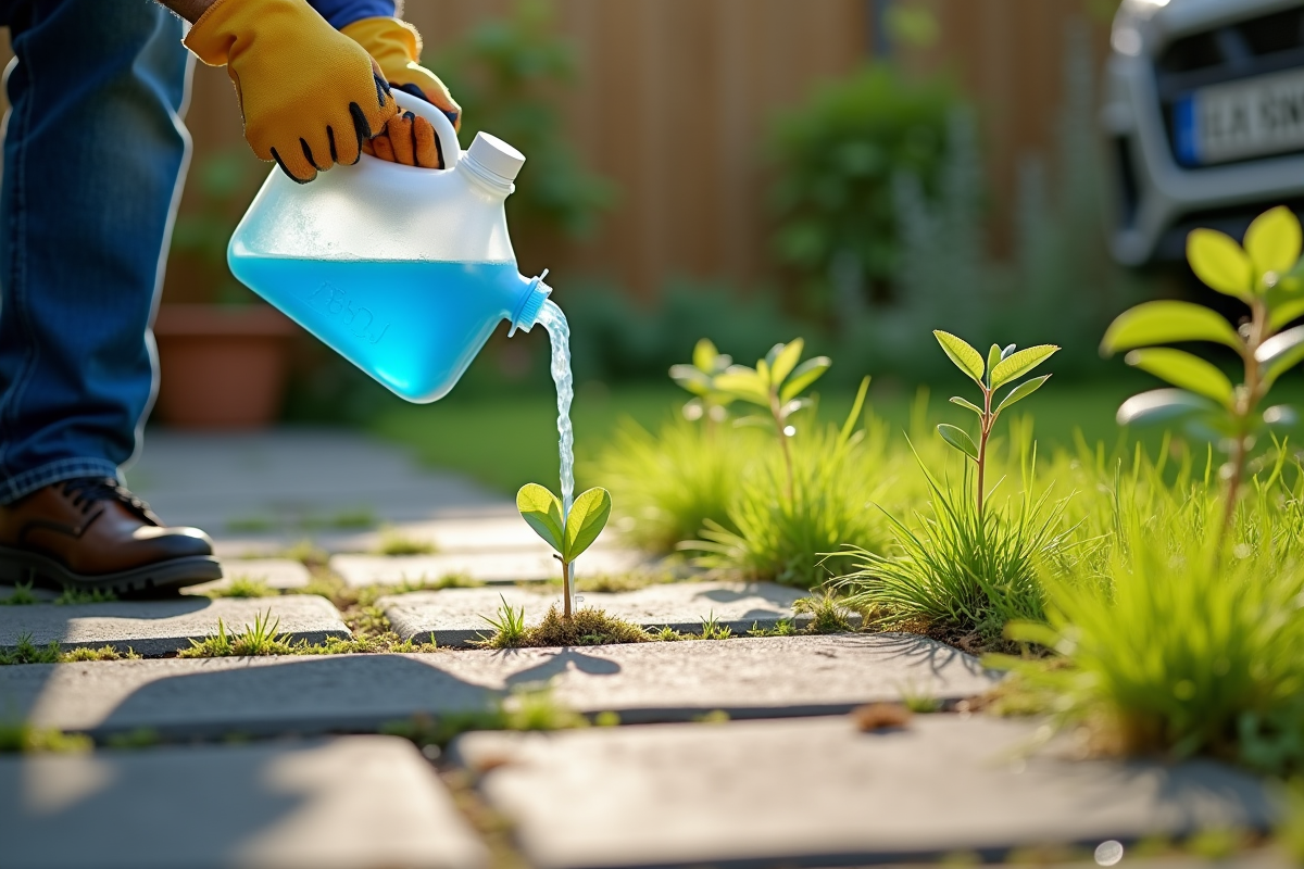 Personne versant AdBlue sur des mauvaises herbes dans le jardin
