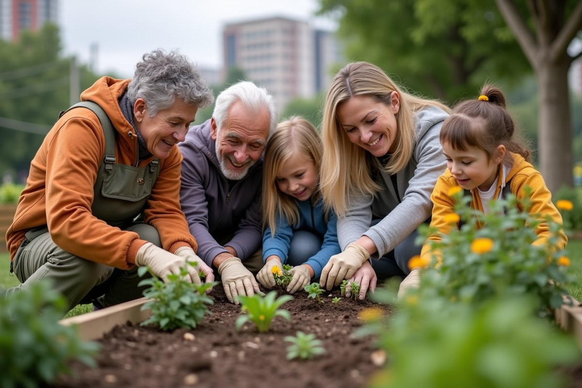 Groupe intergenerationnel plantant des fleurs dans un jardin urbain