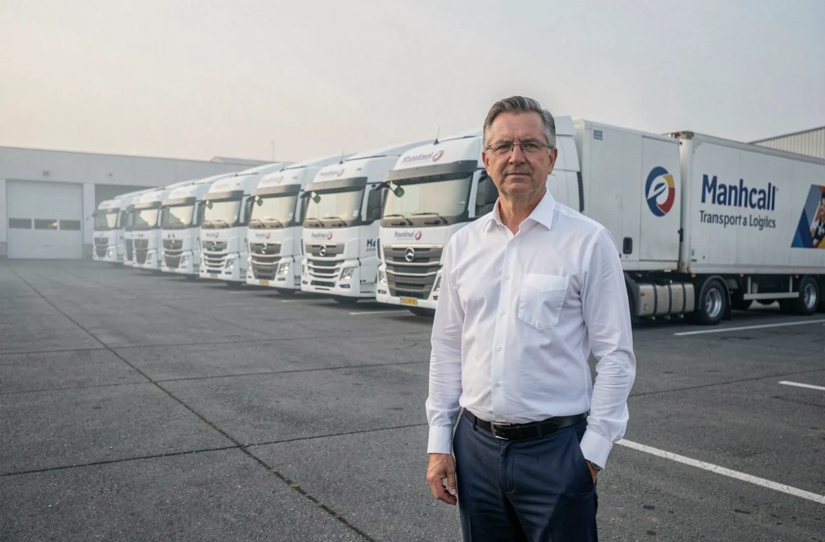 Responsable de flotte JCL Transport Group devant une rangée de camions de transport dans un dépôt