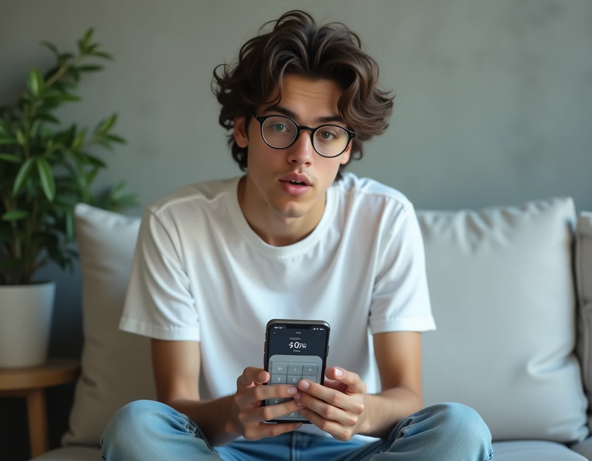 Jeune adulte utilisant une calculatrice sur smartphone pour convertir mentalement un pourcentage en degrés dans un salon minimaliste