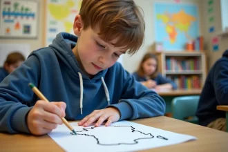 Jeune garçon coloriant une carte de France en classe