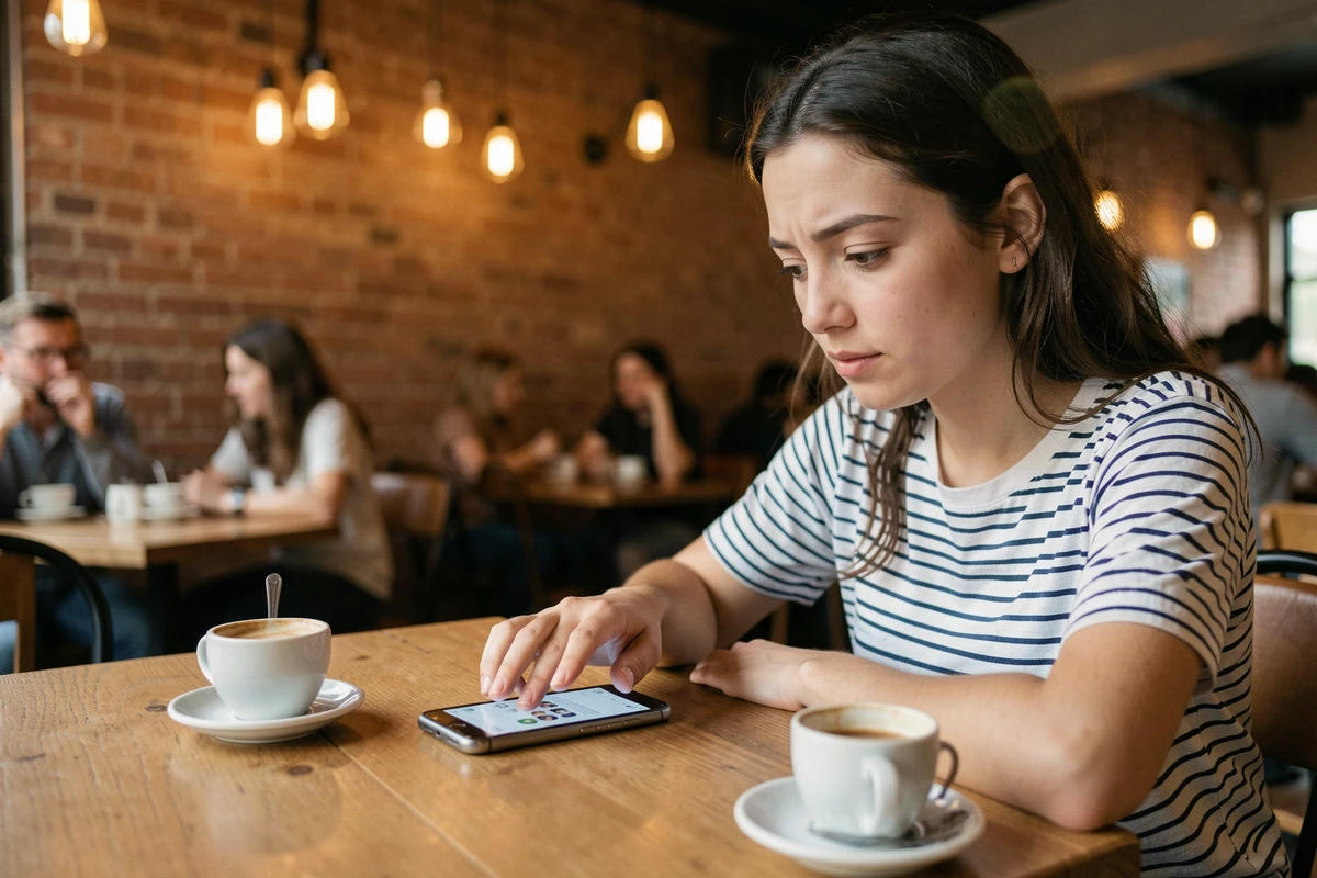Jeune femme dans un café hésitant à répondre à un appel téléphonique avec un indicatif non reconnu affiché à l'écran