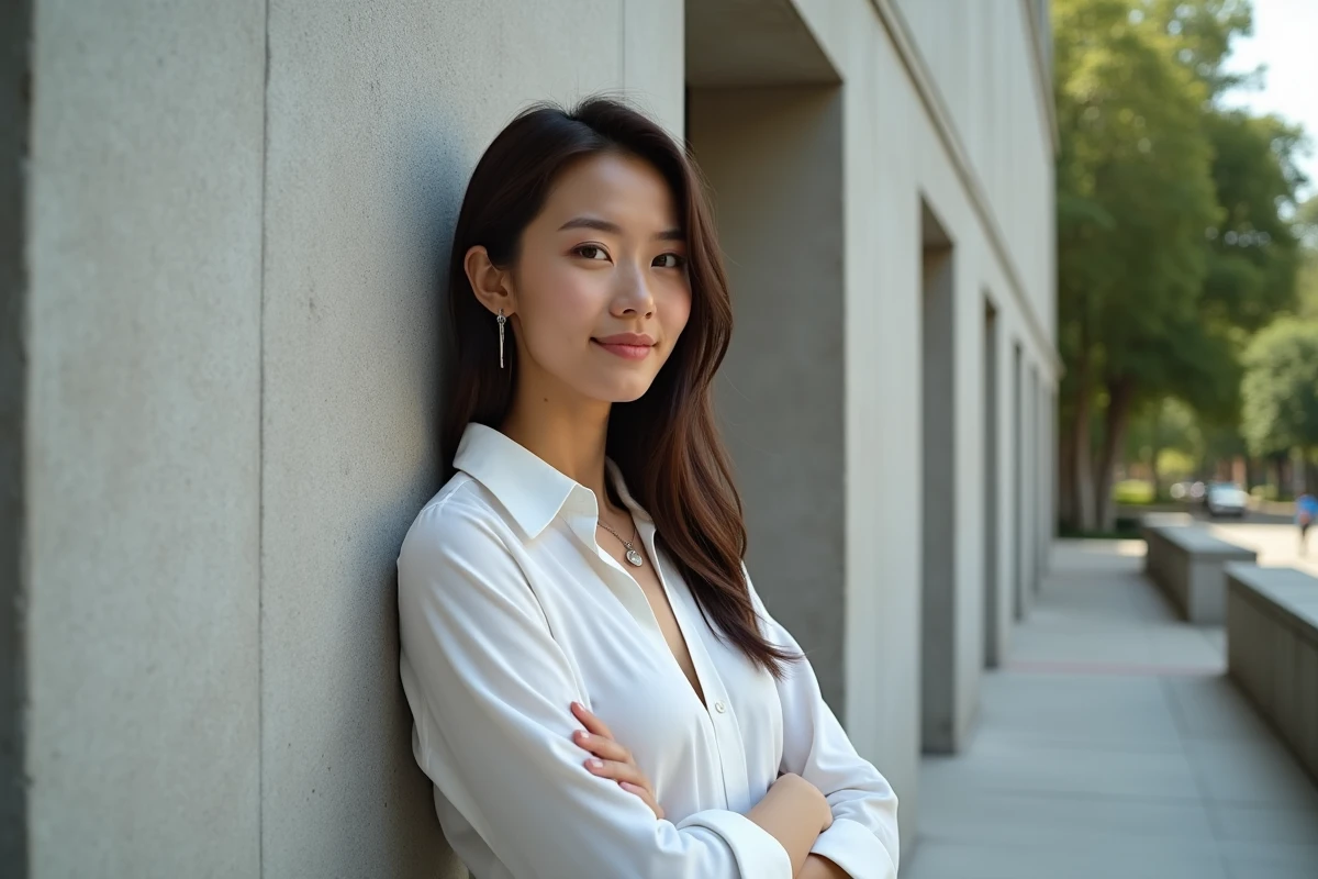Jeune femme debout contre une façade en béton dans un bâtiment Breuer