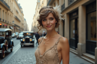 Jeune femme en robe flapper élégante à Paris années 1920