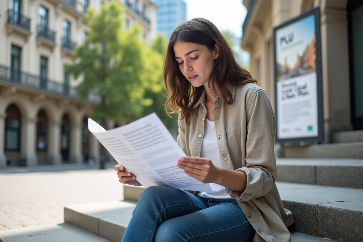Jeune femme étudiante en urbanisme avec plan dans la ville
