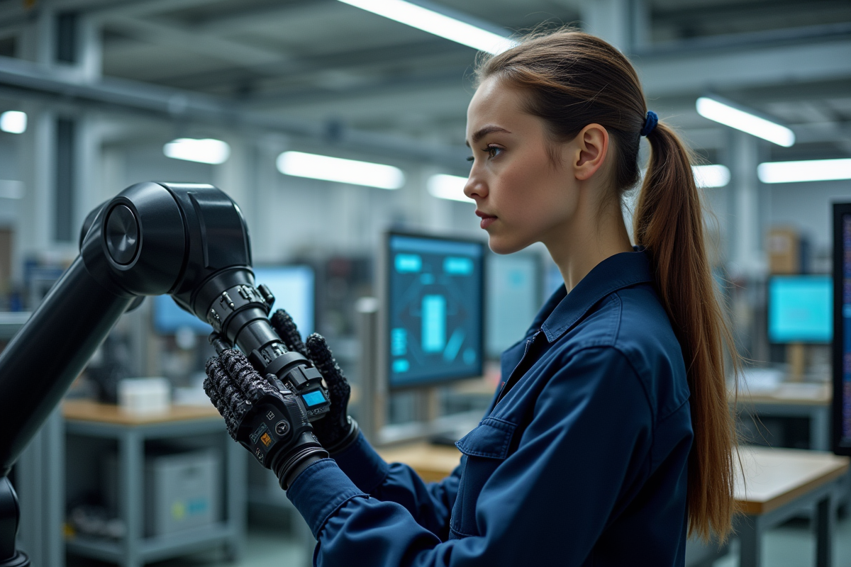 Jeune ingénieure inspectant un bras robotique dans un atelier