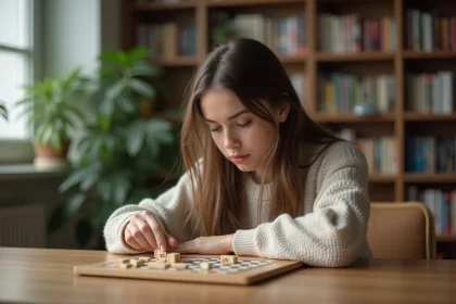 Jeune femme concentrée jouant à un jeu de société avec des lettres en bois
