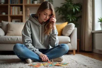 Jeune femme découvre des cartes Pokémon Rivalités Destinées