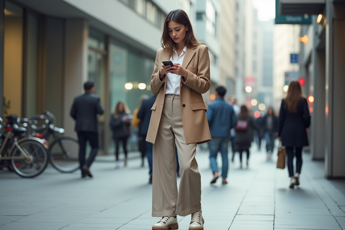 Jeune femme stylée dans la ville en blazer et sneakers